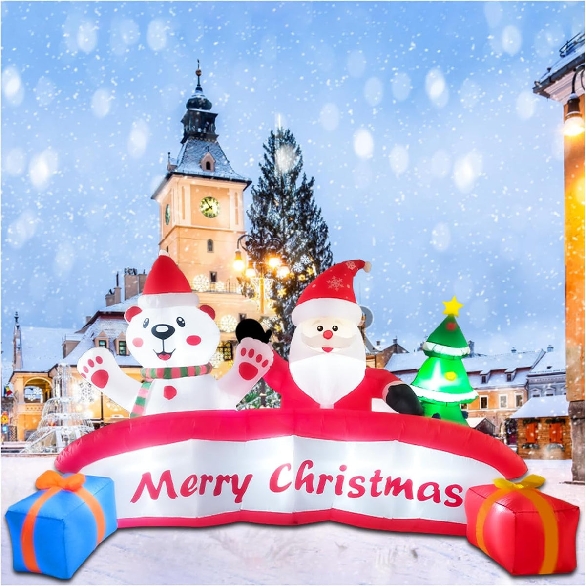 10 FT Inflatable Merry Christmas Banner Sign with Santa Claus Polar Bear Christmas Tree, Outdoor Inflatable